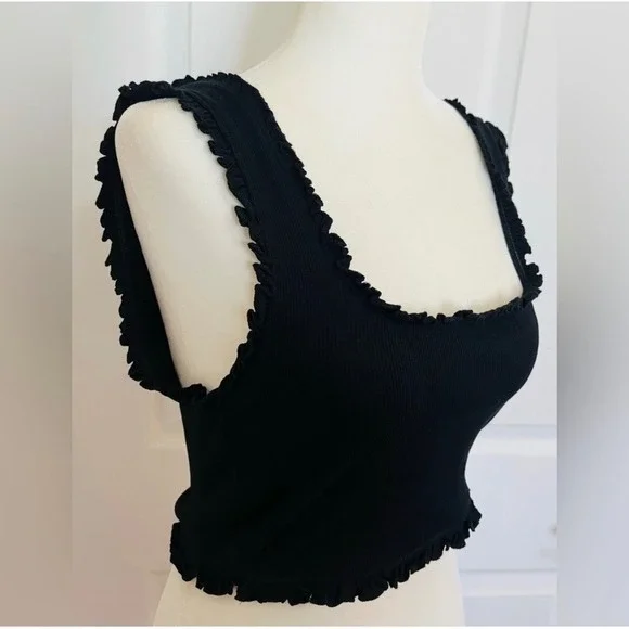 ZARA Black Ribbed Large‎ Square Neck Ruffle Trim Crop Tank Top Women's - Picture 2 of 6
